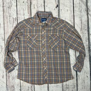 Wrangler Plaid Pearl Snap Button Down Long Sleeve Vintage Cowboy Rockabilly